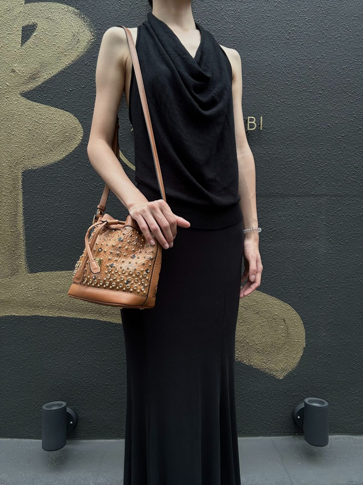 MCM Visetos Canvas Brown Studded Drawstring Bucket Shoulder Bag With Gold Hardware