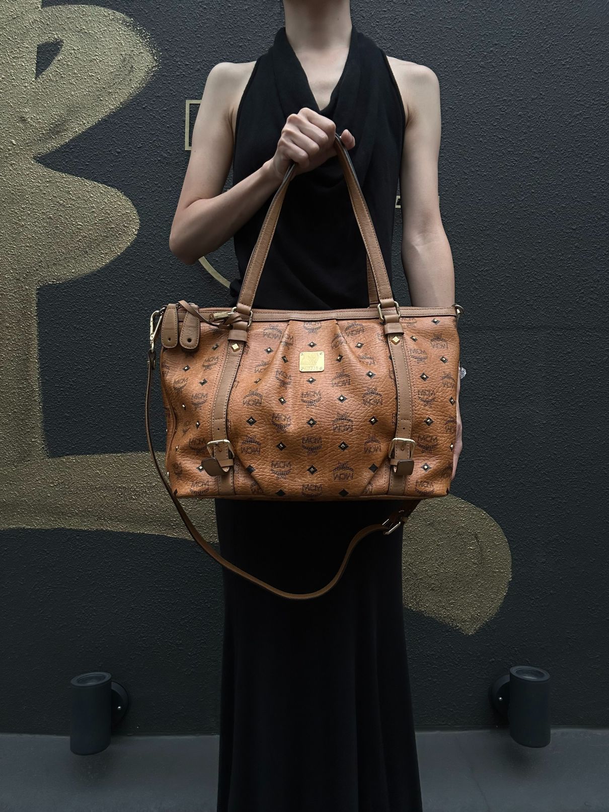 MCM Visetos Canvas Brown Tote Shoulder Bag With Gold Hardware