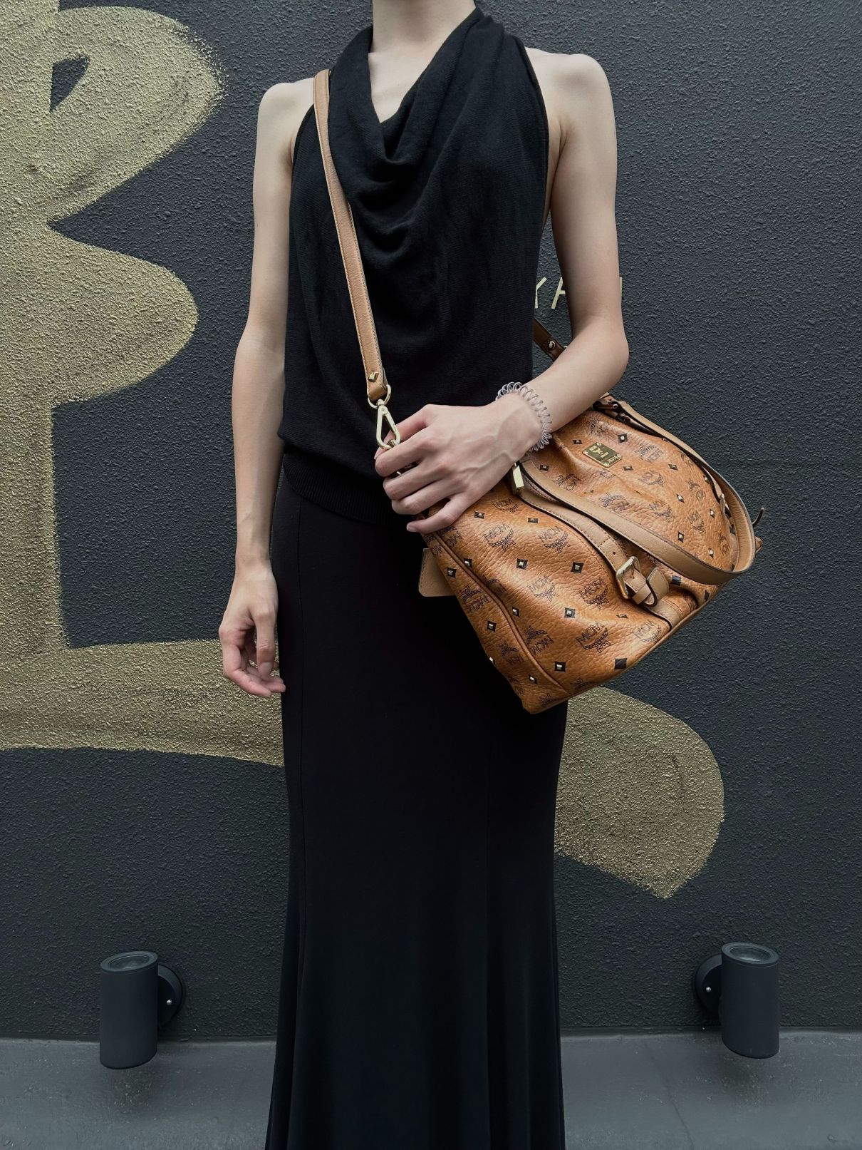 MCM Visetos Canvas Brown Tote Shoulder Bag With Gold Hardware