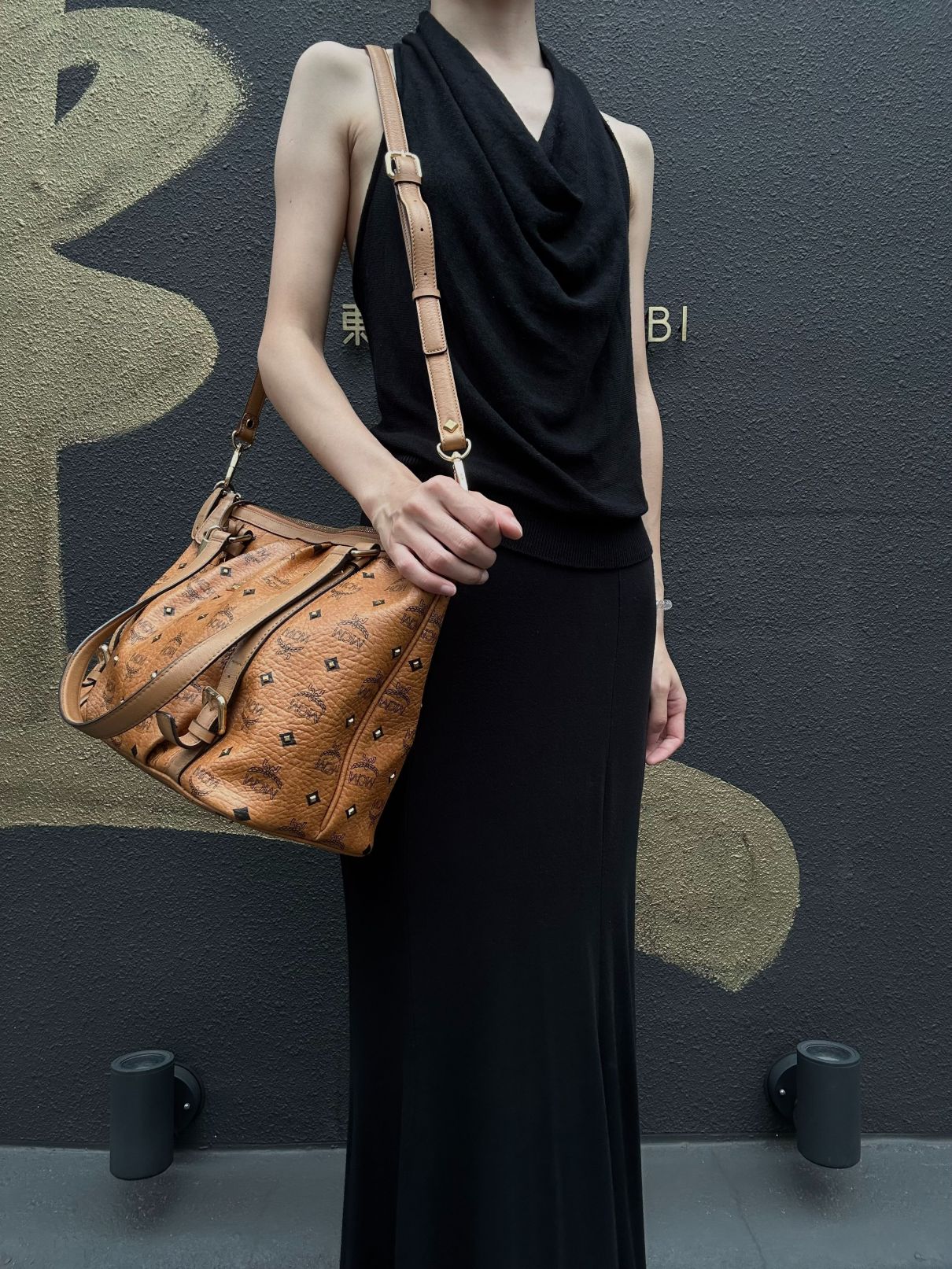 MCM Visetos Canvas Brown Tote Shoulder Bag With Gold Hardware