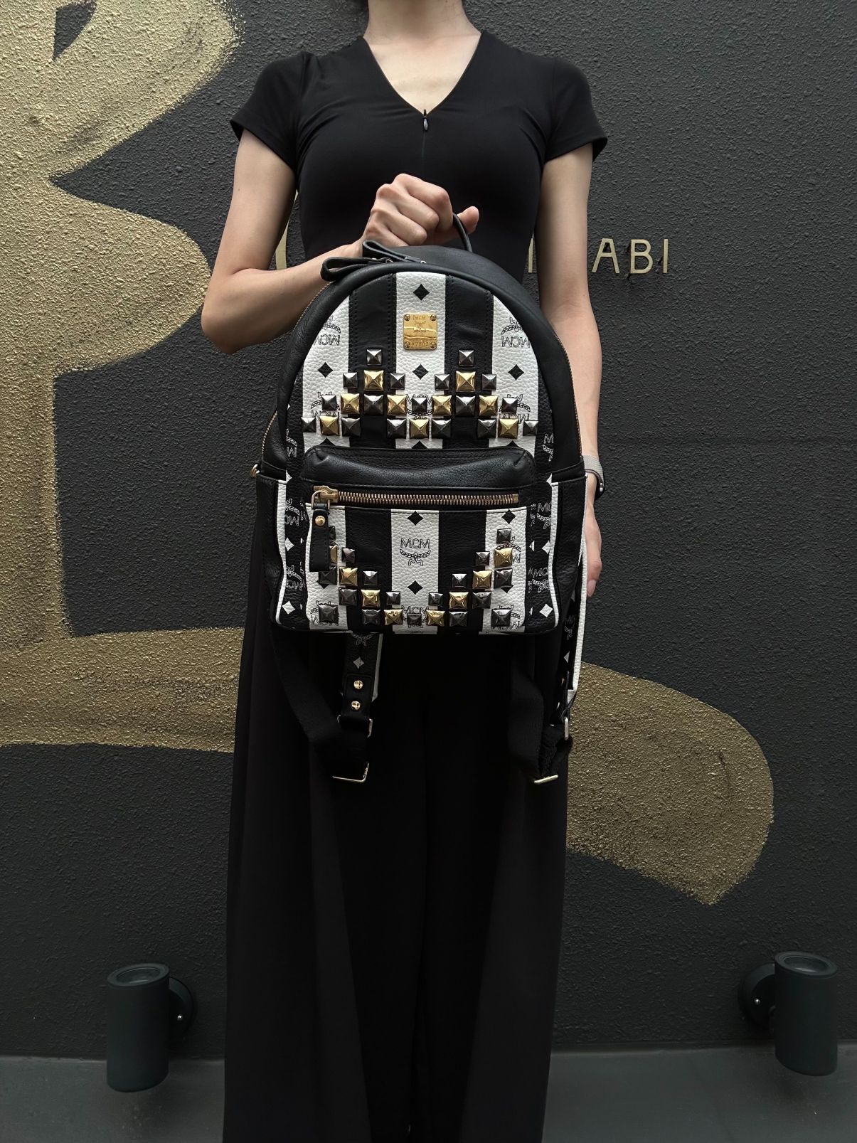 MCM Monogram Studded Black White PVC Backpack With Gold Hardware