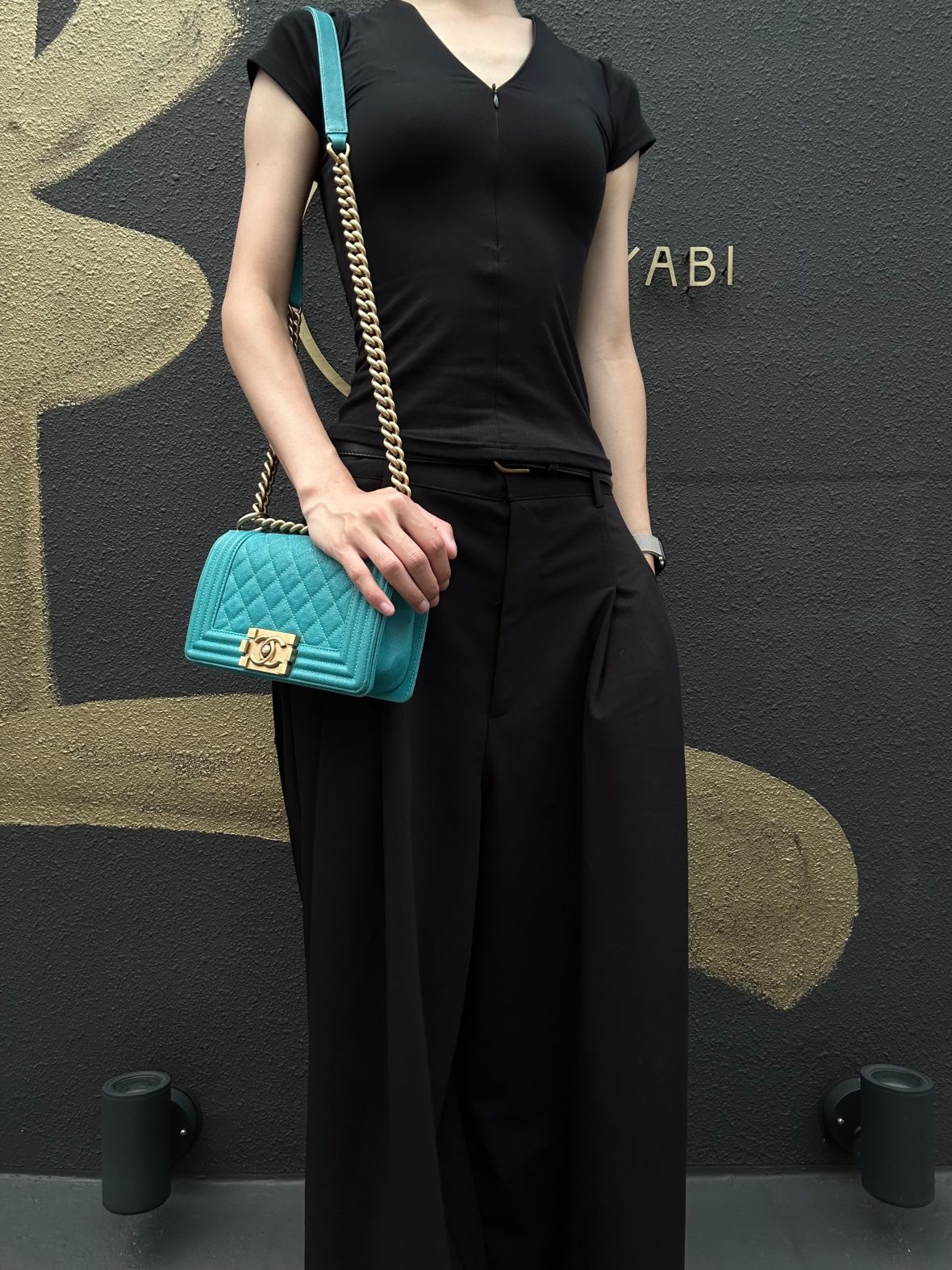 CHANEL Boy Matelasse Shoulder Bag Calfskin Turquoise Blue Gold Hardware