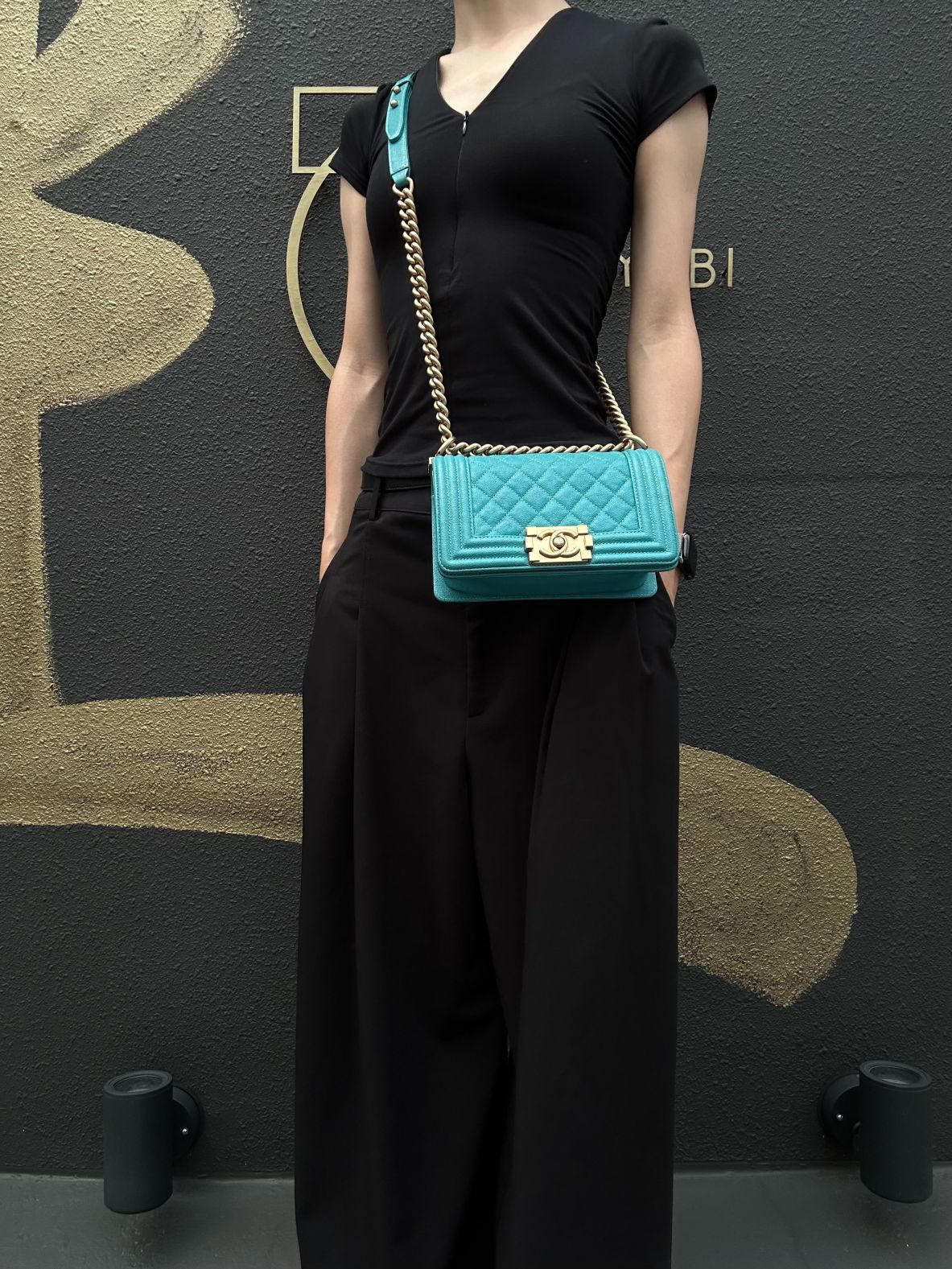 CHANEL Boy Matelasse Shoulder Bag Calfskin Turquoise Blue Gold Hardware