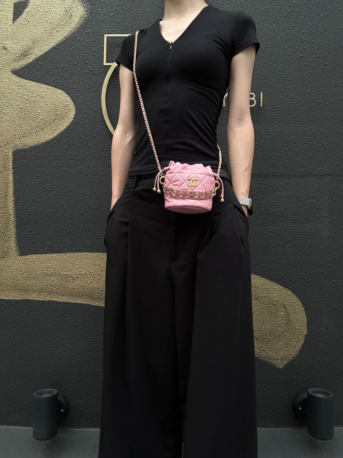 CHANEL Mini Bucket Shoulder Bag Caviar Leather Pink Gold Hardware