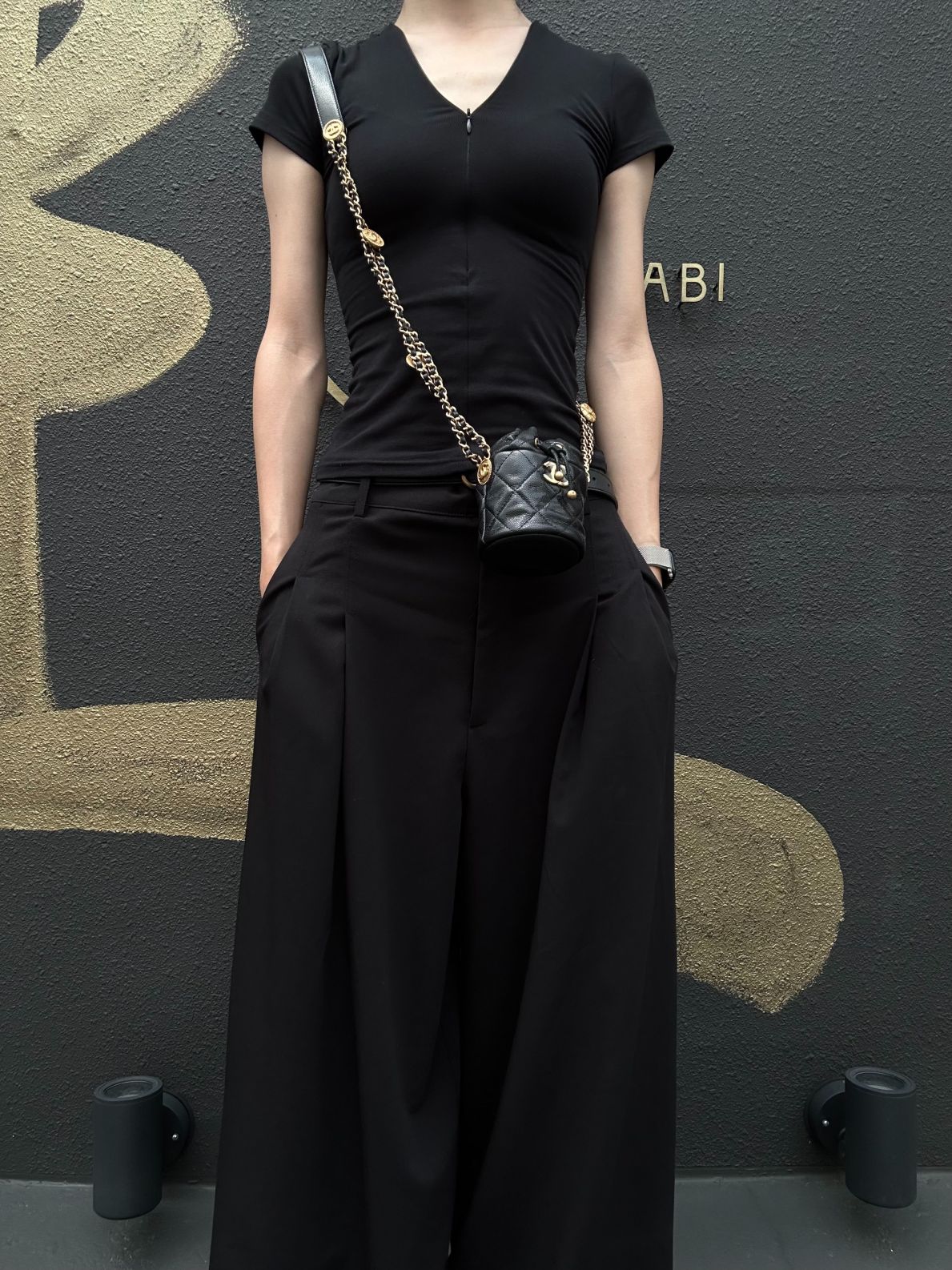 CHANEL Mini Coin Bucket Shoulder Bag Caviar Leather Black Vintage Gold Hardware