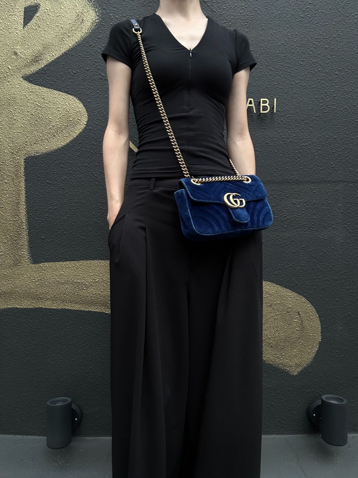GUCCI GG Marmont Chevron Quilted Cobalt Blue Velvet Chain Shoulder Crossbody Bag, Aged Gold Double G Hardware