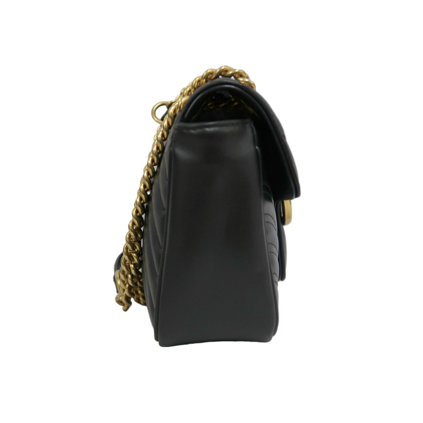 GUCCI GG Marmont Shoulder Bag Lambskin Black GG Logo Chevron Stitching Gold Hardware