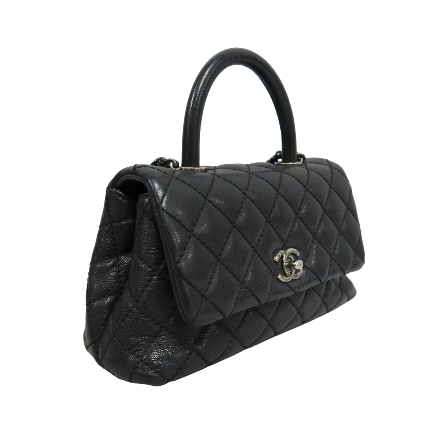 CHANEL Black Caviar Leather Quilted Coco Handle 2way Top Handle Handbag Crossbody Bag, Polished Silver Hardware