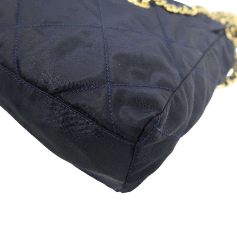 PRADA Nylon Chain Shoulder Bag, Navy with Gold Hardware, Black Nylon Tote Shoulder Bag