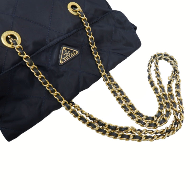 PRADA Nylon Chain Shoulder Bag, Navy with Gold Hardware, Black Nylon Tote Shoulder Bag