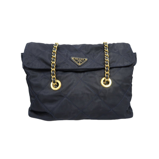 PRADA Nylon Chain Shoulder Bag, Navy with Gold Hardware, Black Nylon Tote Shoulder Bag