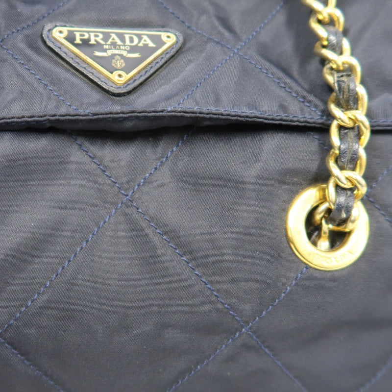 PRADA Nylon Chain Shoulder Bag, Navy with Gold Hardware, Black Nylon Tote Shoulder Bag