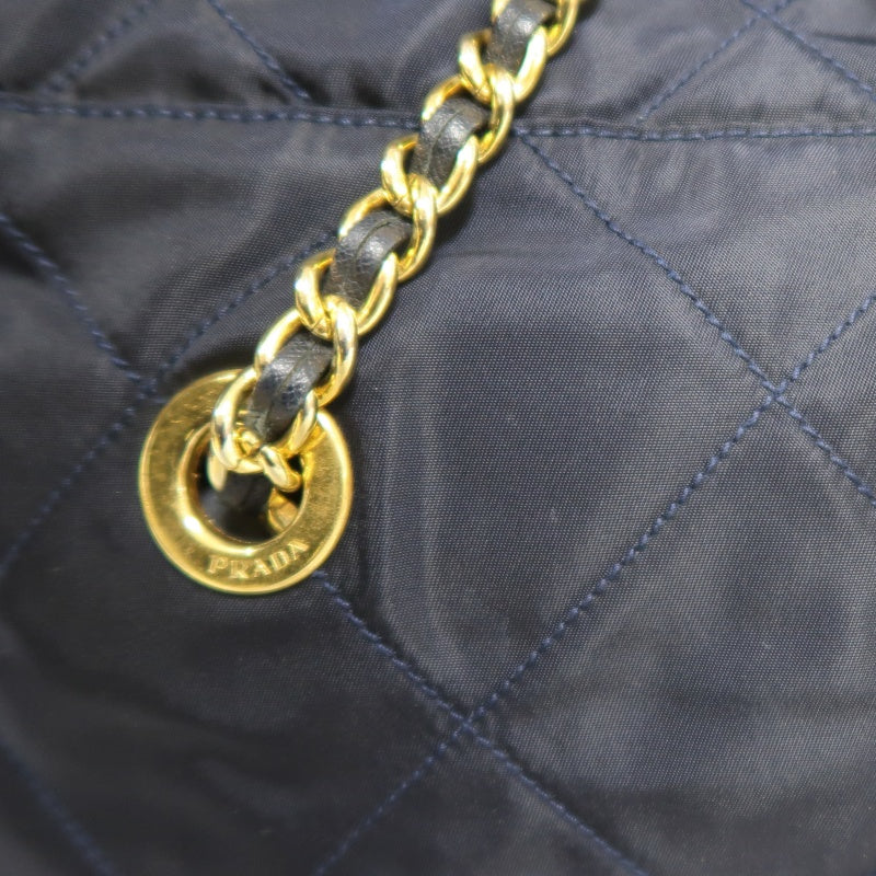 PRADA Nylon Chain Shoulder Bag, Navy with Gold Hardware, Black Nylon Tote Shoulder Bag