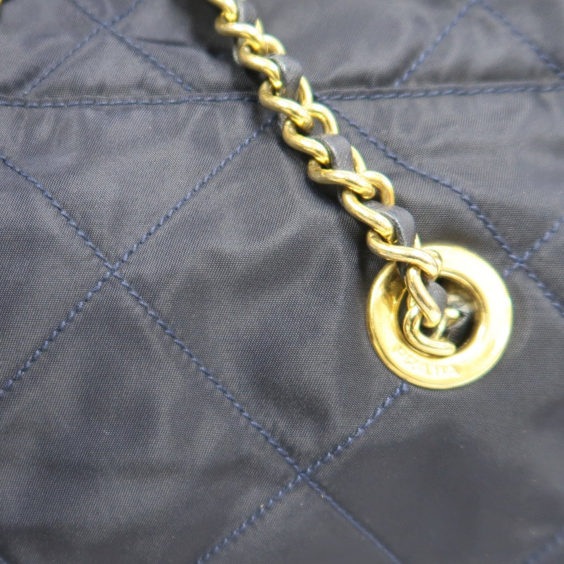 PRADA Nylon Chain Shoulder Bag, Navy with Gold Hardware, Black Nylon Tote Shoulder Bag