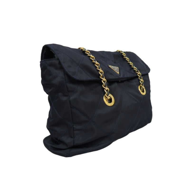 PRADA Nylon Chain Shoulder Bag, Navy with Gold Hardware, Black Nylon Tote Shoulder Bag
