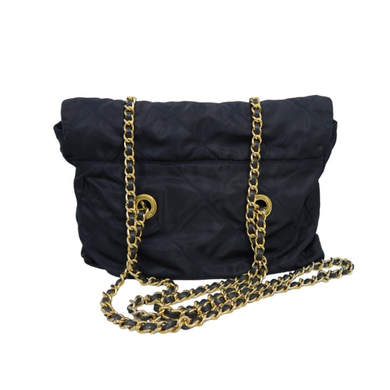 PRADA Nylon Chain Shoulder Bag, Navy with Gold Hardware, Black Nylon Tote Shoulder Bag
