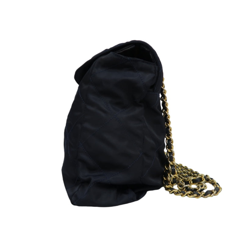 PRADA Nylon Chain Shoulder Bag, Navy with Gold Hardware, Black Nylon Tote Shoulder Bag