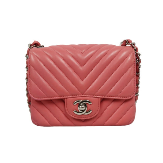 CHANEL Chevron V-Stitch Shoulder Bag, Pink Lambskin, Silver-Tone Hardware, Classic Flap Crossbody Bag