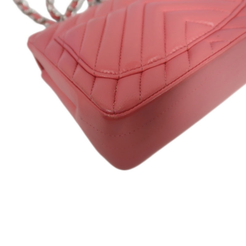 CHANEL Chevron V-Stitch Shoulder Bag, Pink Lambskin, Silver-Tone Hardware, Classic Flap Crossbody Bag