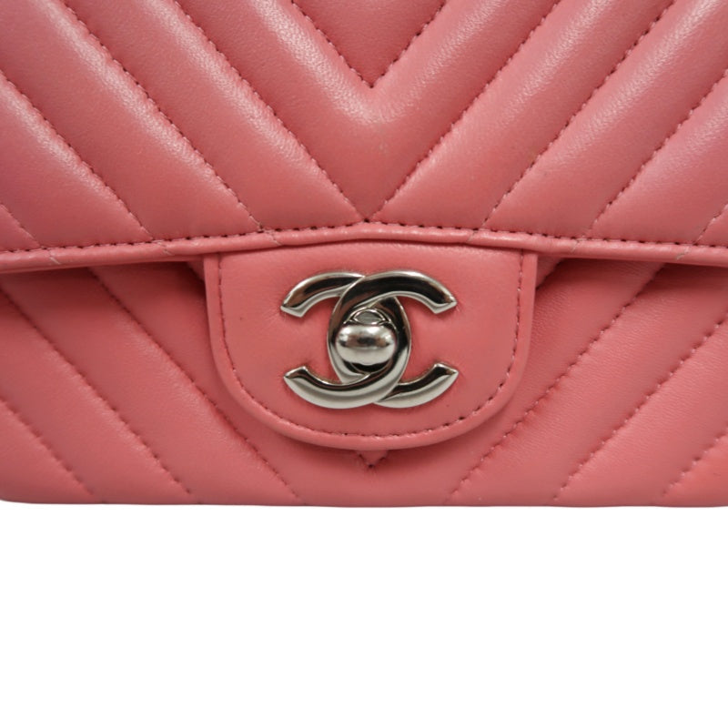 CHANEL Chevron V-Stitch Shoulder Bag, Pink Lambskin, Silver-Tone Hardware, Classic Flap Crossbody Bag