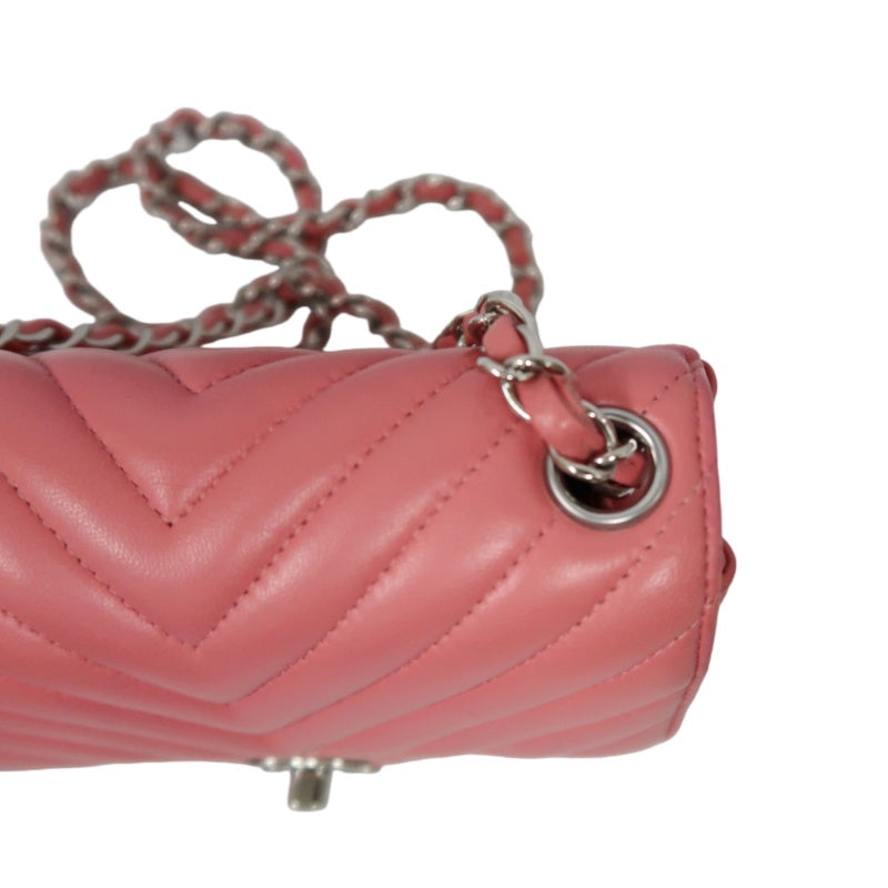 CHANEL Chevron V-Stitch Shoulder Bag, Pink Lambskin, Silver-Tone Hardware, Classic Flap Crossbody Bag