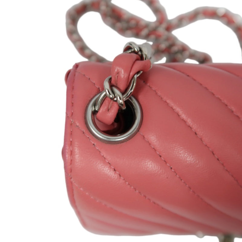 CHANEL Chevron V-Stitch Shoulder Bag, Pink Lambskin, Silver-Tone Hardware, Classic Flap Crossbody Bag