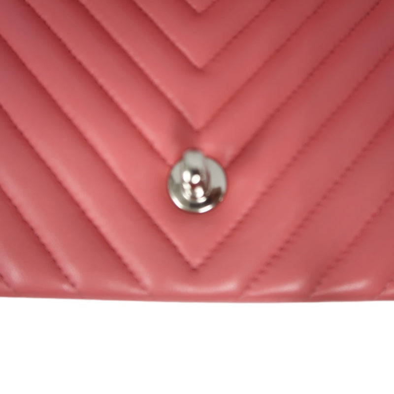 CHANEL Chevron V-Stitch Shoulder Bag, Pink Lambskin, Silver-Tone Hardware, Classic Flap Crossbody Bag