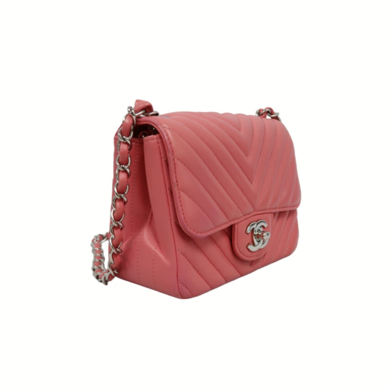 CHANEL Chevron V-Stitch Shoulder Bag, Pink Lambskin, Silver-Tone Hardware, Classic Flap Crossbody Bag