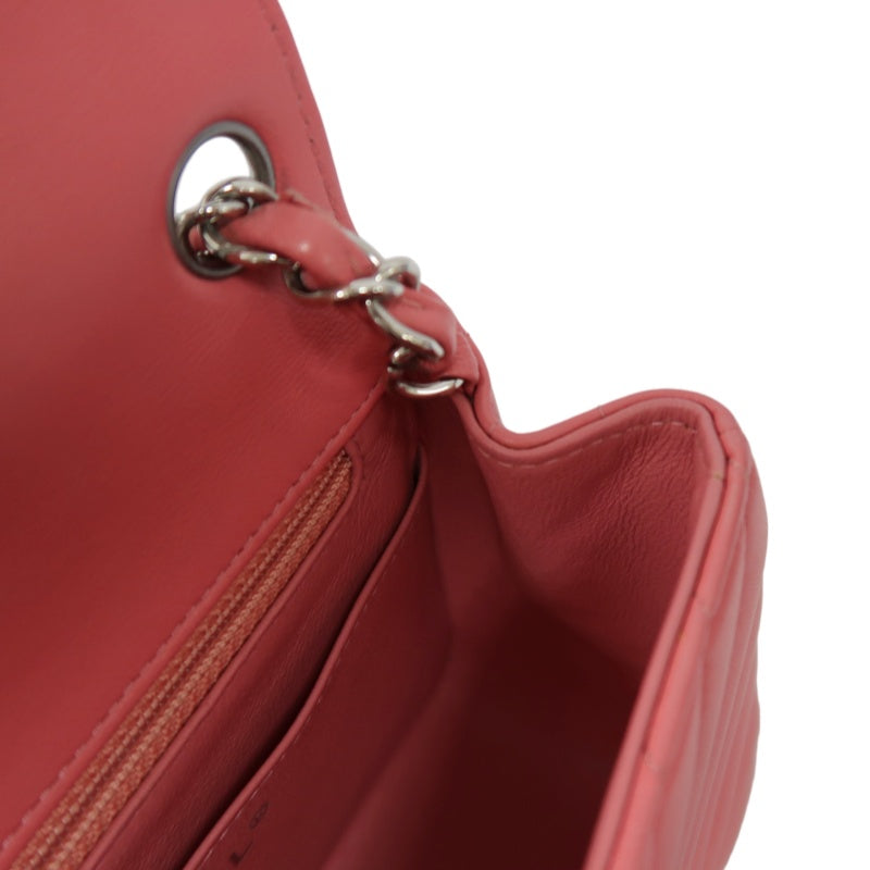 CHANEL Chevron V-Stitch Shoulder Bag, Pink Lambskin, Silver-Tone Hardware, Classic Flap Crossbody Bag
