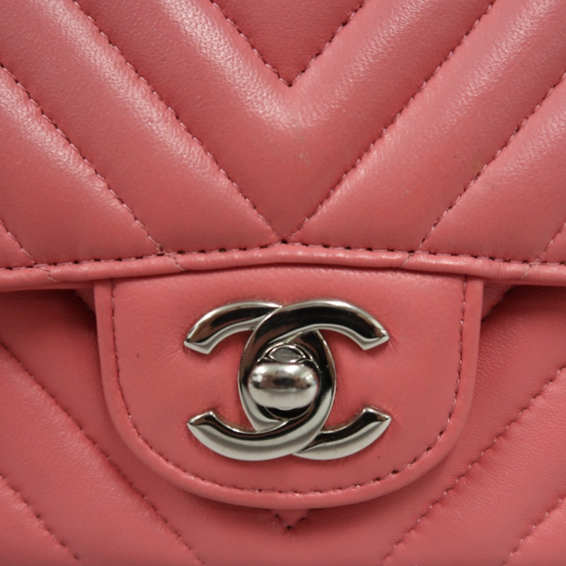 CHANEL Chevron V-Stitch Shoulder Bag, Pink Lambskin, Silver-Tone Hardware, Classic Flap Crossbody Bag