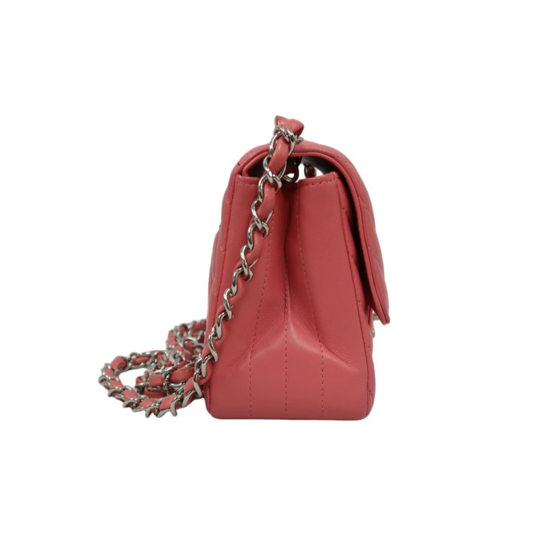 CHANEL Chevron V-Stitch Shoulder Bag, Pink Lambskin, Silver-Tone Hardware, Classic Flap Crossbody Bag
