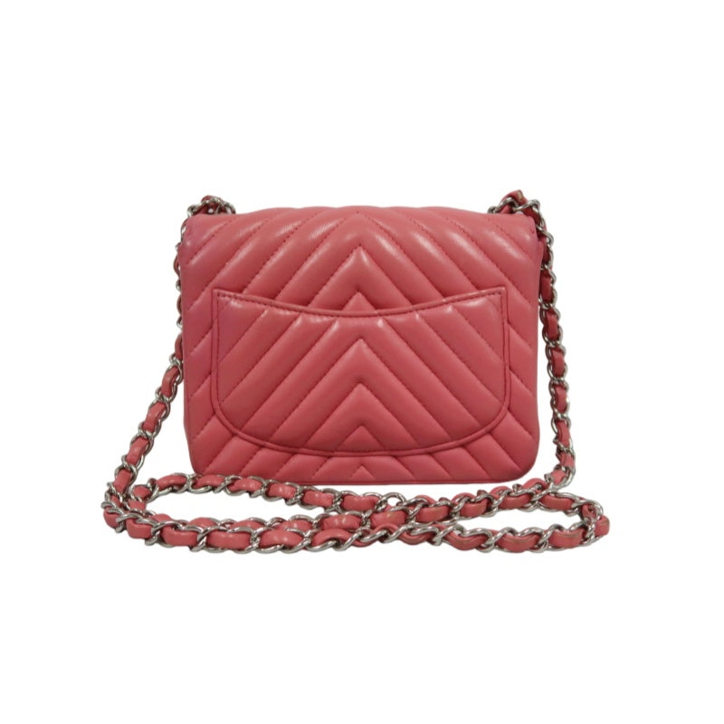 CHANEL Chevron V-Stitch Shoulder Bag, Pink Lambskin, Silver-Tone Hardware, Classic Flap Crossbody Bag