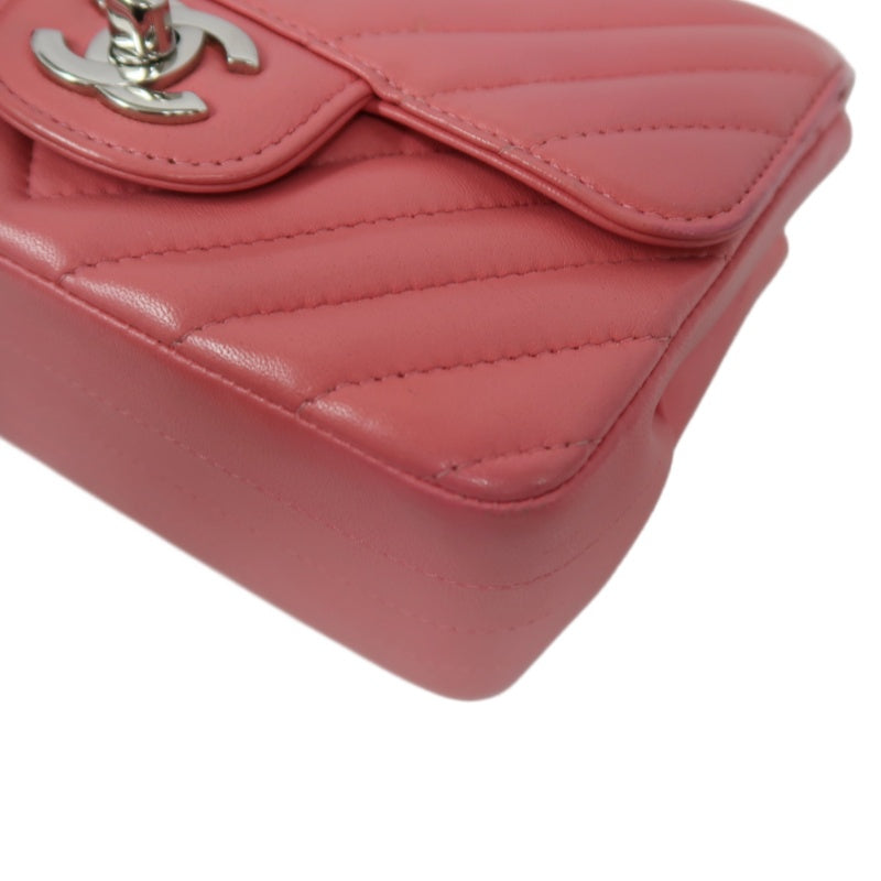 CHANEL Chevron V-Stitch Shoulder Bag, Pink Lambskin, Silver-Tone Hardware, Classic Flap Crossbody Bag