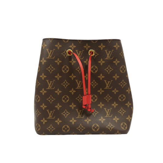 LOUIS VUITTON NeoNoe Shoulder Bag, Brown Monogram PVC with Red Drawstring, Bucket Bag