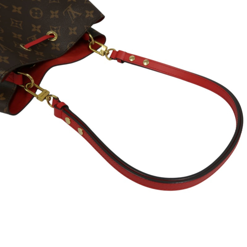 LOUIS VUITTON NeoNoe Shoulder Bag, Brown Monogram PVC with Red Drawstring, Bucket Bag