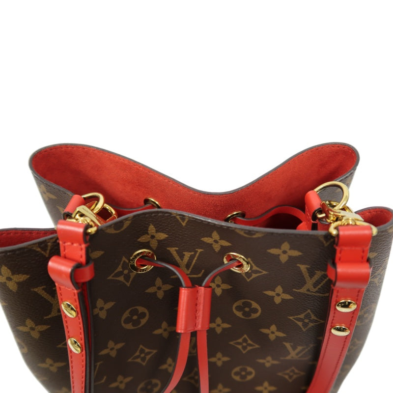 LOUIS VUITTON NeoNoe Shoulder Bag, Brown Monogram PVC with Red Drawstring, Bucket Bag