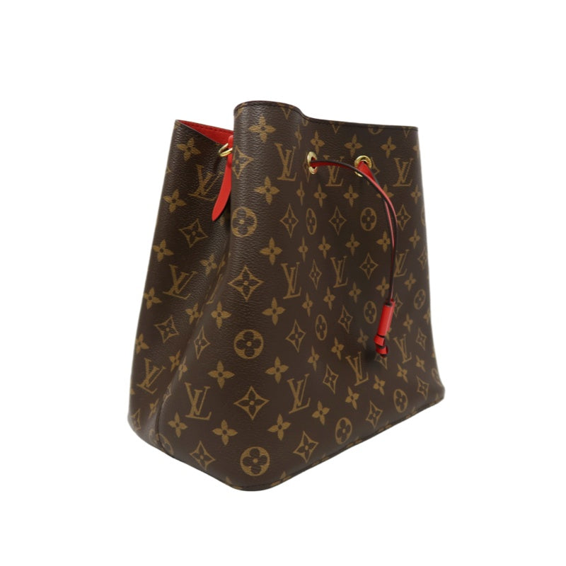 LOUIS VUITTON NeoNoe Shoulder Bag, Brown Monogram PVC with Red Drawstring, Bucket Bag