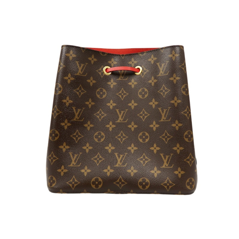 LOUIS VUITTON NeoNoe Shoulder Bag, Brown Monogram PVC with Red Drawstring, Bucket Bag