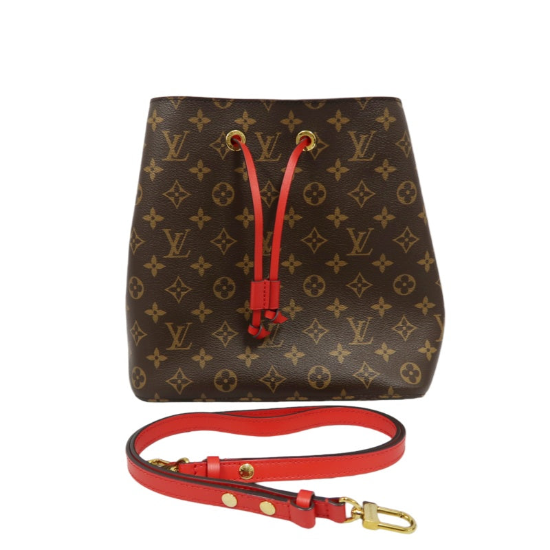 LOUIS VUITTON NeoNoe Shoulder Bag, Brown Monogram PVC with Red Drawstring, Bucket Bag
