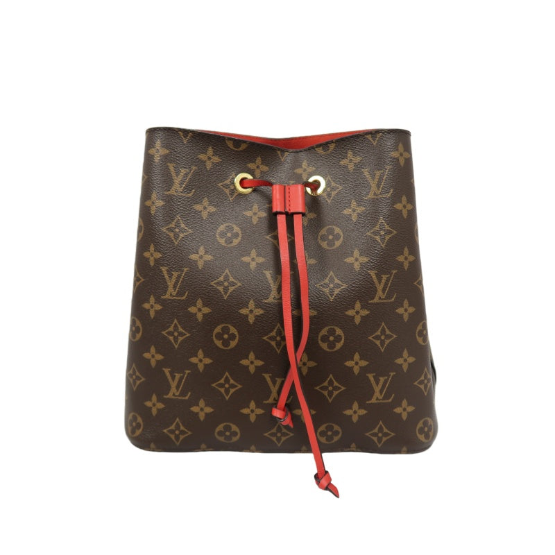 LOUIS VUITTON NeoNoe Shoulder Bag, Brown Monogram PVC, Red Drawstring Bucket Bag