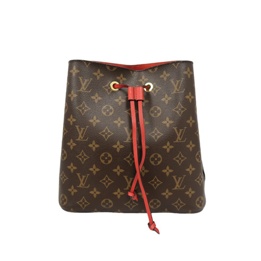 LOUIS VUITTON NeoNoe Shoulder Bag, Brown Monogram PVC, Red Drawstring Bucket Bag