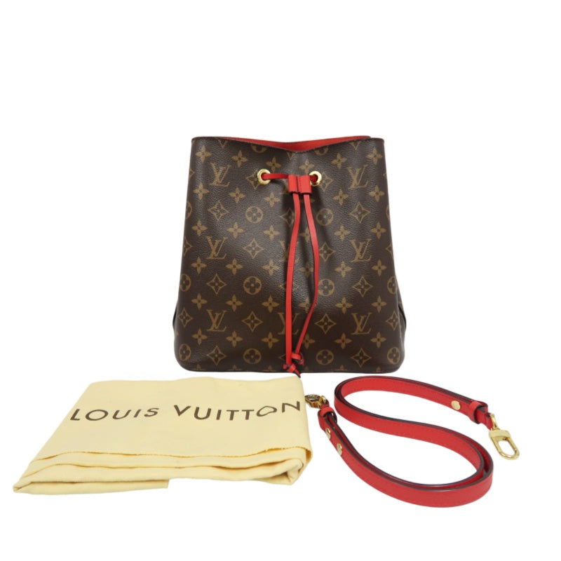 LOUIS VUITTON NeoNoe Shoulder Bag, Brown Monogram PVC, Red Drawstring Bucket Bag