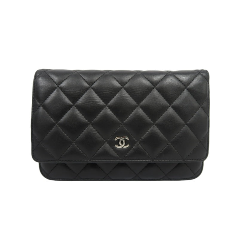 CHANEL Matelasse Chain Shoulder Wallet, Black Lambskin, Silver-Tone Hardware, WOC Crossbody Bag