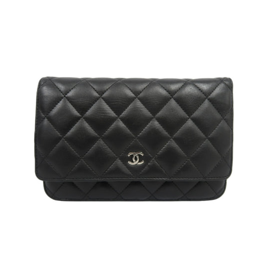 CHANEL Matelasse Chain Shoulder Wallet, Black Lambskin, Silver-Tone Hardware, WOC Crossbody Bag