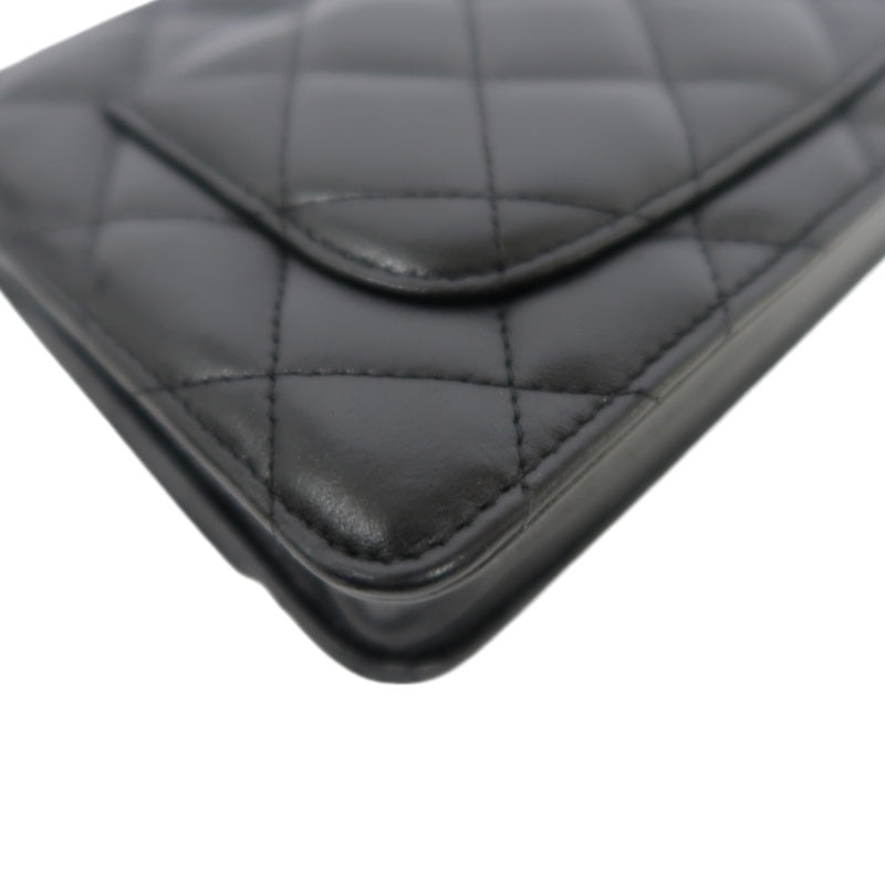 CHANEL Matelasse Chain Shoulder Wallet, Black Lambskin, Silver-Tone Hardware, WOC Crossbody Bag