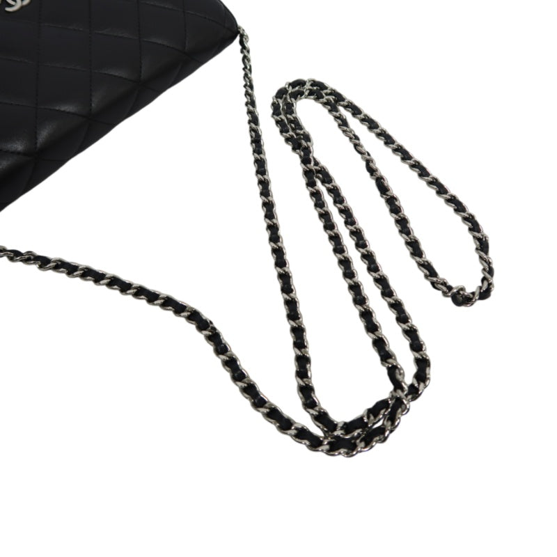 CHANEL Matelasse Chain Shoulder Wallet, Black Lambskin, Silver-Tone Hardware, WOC Crossbody Bag