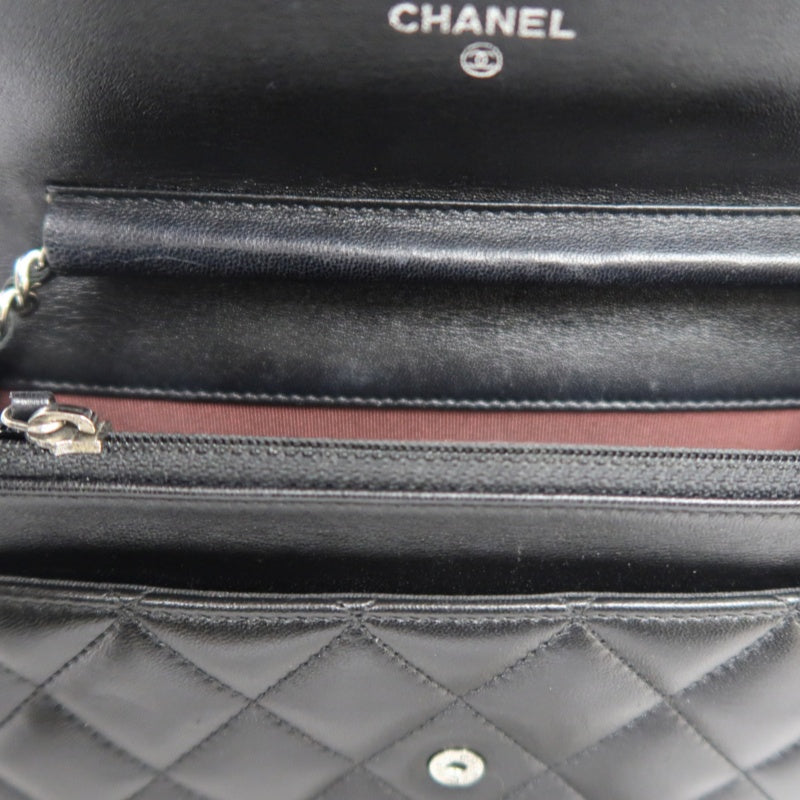 CHANEL Matelasse Chain Shoulder Wallet, Black Lambskin, Silver-Tone Hardware, WOC Crossbody Bag