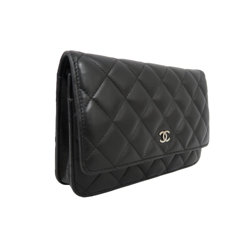 CHANEL Matelasse Chain Shoulder Wallet, Black Lambskin, Silver-Tone Hardware, WOC Crossbody Bag