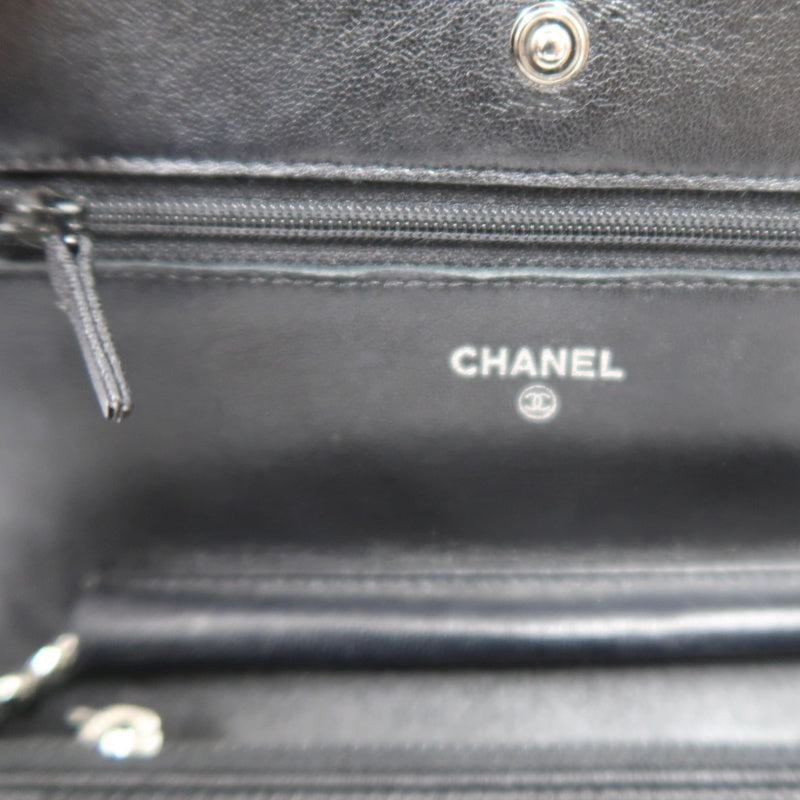 CHANEL Matelasse Chain Shoulder Wallet, Black Lambskin, Silver-Tone Hardware, WOC Crossbody Bag