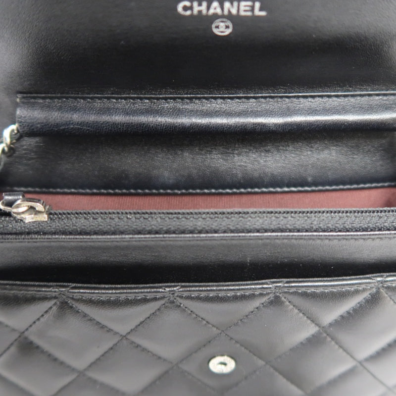 CHANEL Matelasse Chain Shoulder Wallet, Black Lambskin, Silver-Tone Hardware, WOC Crossbody Bag